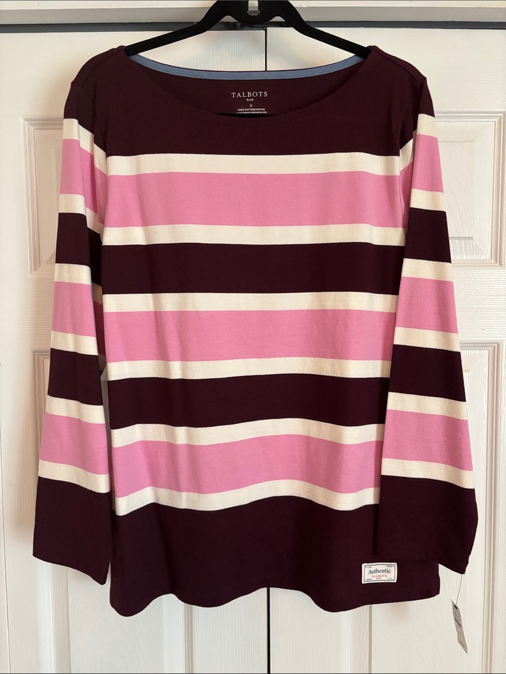 Talbots Pink, Maroon and Cream Striped Boatneck Long Sleeve Top